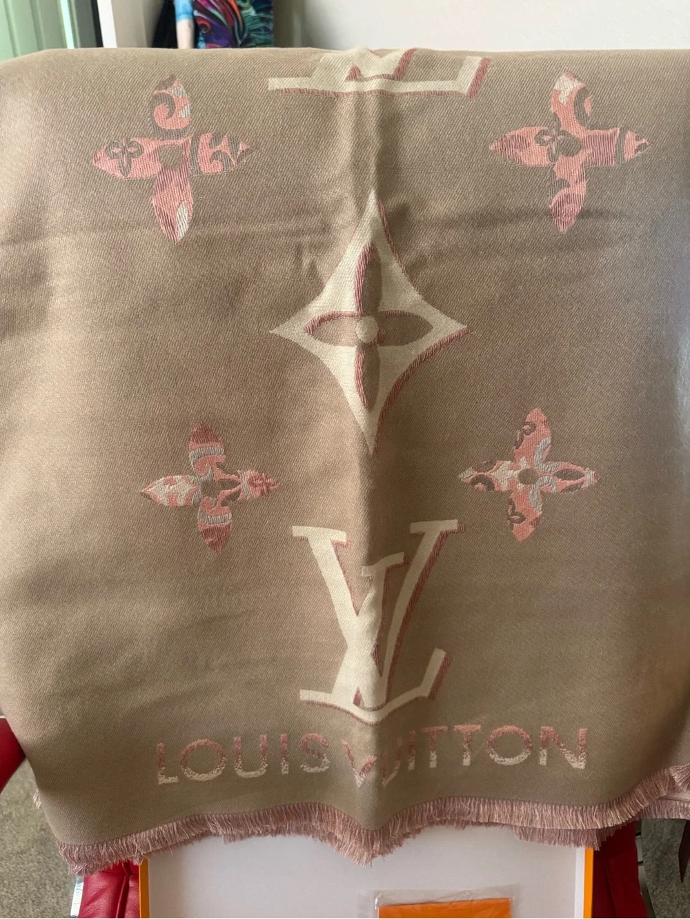 Louis Vuitton Beige & Pink Logo Cashmere Scarf